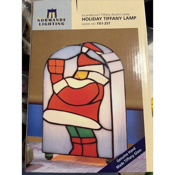 Holiday Tiffany Lamp Style Model FX1-257 New In Box Black Santa Normande Lightin - Picture 2 of 12